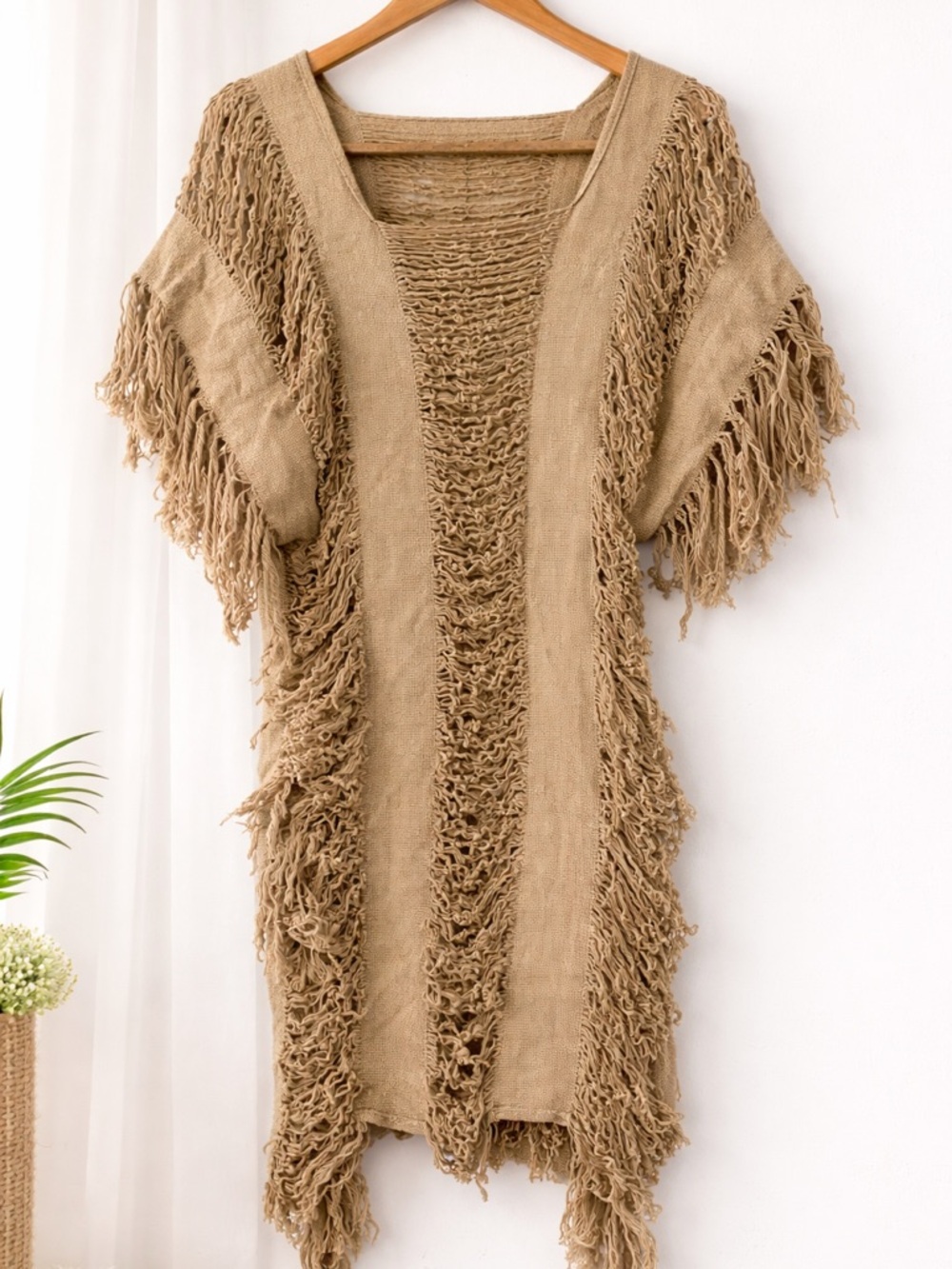 Fringed Knit Poncho in Warm Camel